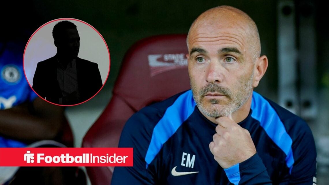 Enzo Maresca in the Chelsea dugout, Liam Rosenior's silhouette in a circular inset