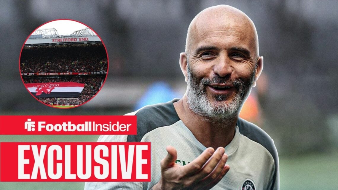 Football Insider exclusive as former Chelsea manager Enzo Maresca smiles, as the Stretford End at Old Trafford features in a circular inset.