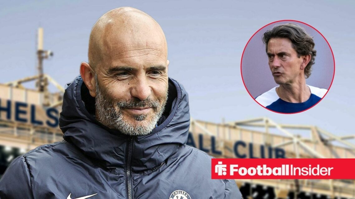 Enzo Maresca smiling at Stamford Bridge, with Thomas Frank in a circular inset