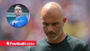 Enzo Maresca looking sad with Todd Boehly included in a circular inset