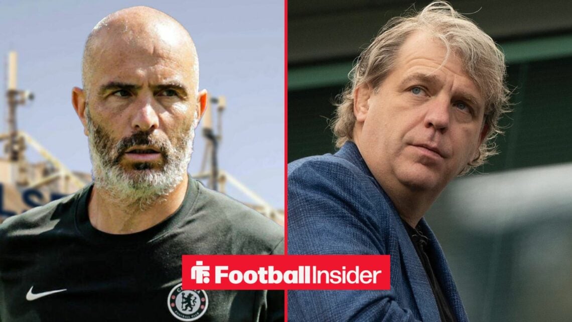 Enzo Maresca in a Chelsea training top alongside Todd Boehly looking concerned