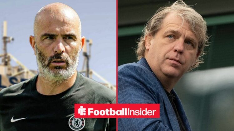 Enzo Maresca in a Chelsea training top alongside Todd Boehly looking concerned