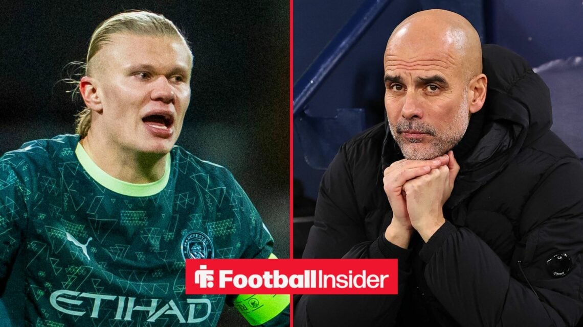 Erling Haaland in a Man City shirt alongside Pep Guardiola with his hand on his chin