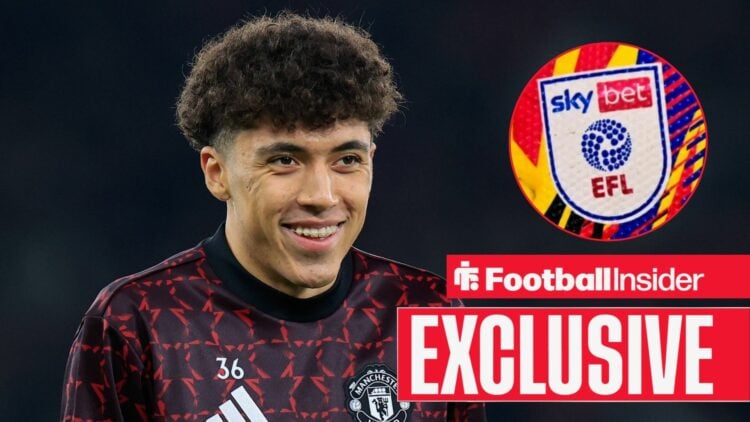 Football Insider exclusive as Manchester United starlet Ethan Wheatley smiles towards the EFL logo, which features in a circular inset.