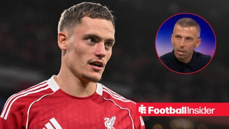 Liverpool star Florian Wirtz glances towards a circular inset, where x-Wolves manager Gary O'Neil speaks in the Match of the Day studio.