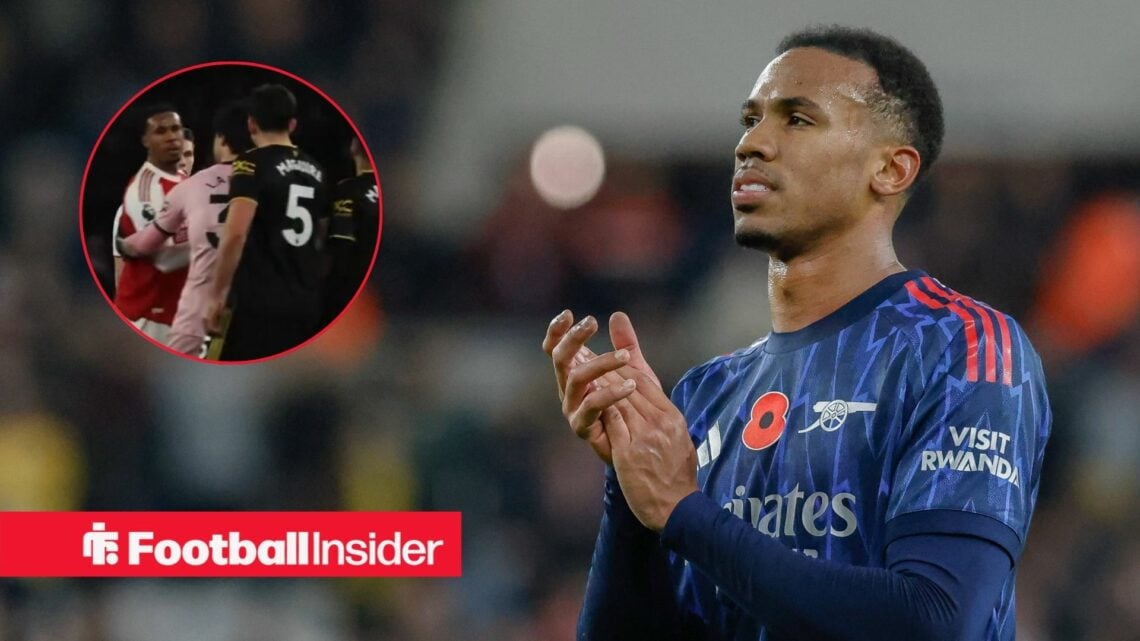 Gabriel Magalhaes clapping, Arsenal star clashing with Harry Maguire in a circular inset