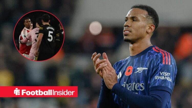 Gabriel Magalhaes clapping, Arsenal star clashing with Harry Maguire in a circular inset