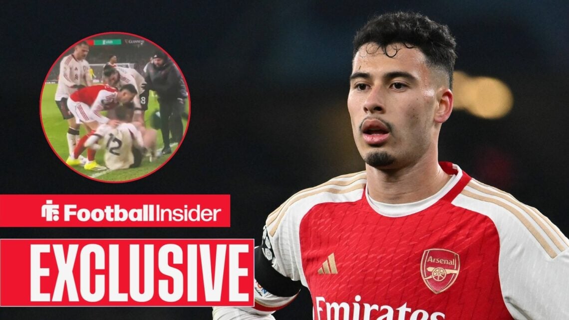 Gabriel Martinelli playing for Arsenal, Conor Bradley injury in a circular inset