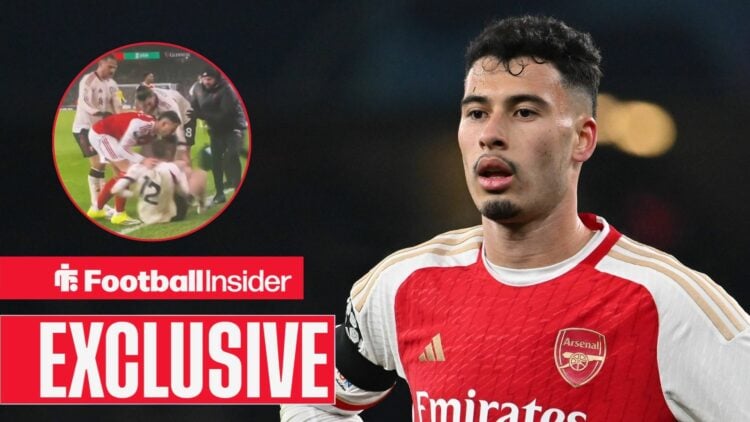 Gabriel Martinelli playing for Arsenal, Conor Bradley injury in a circular inset