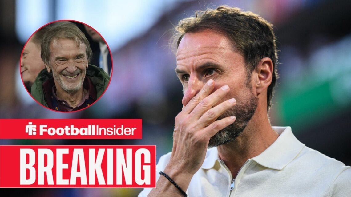 Gareth Southgate on the sidelines, with Sir Jim Ratcliffe in a circular inset