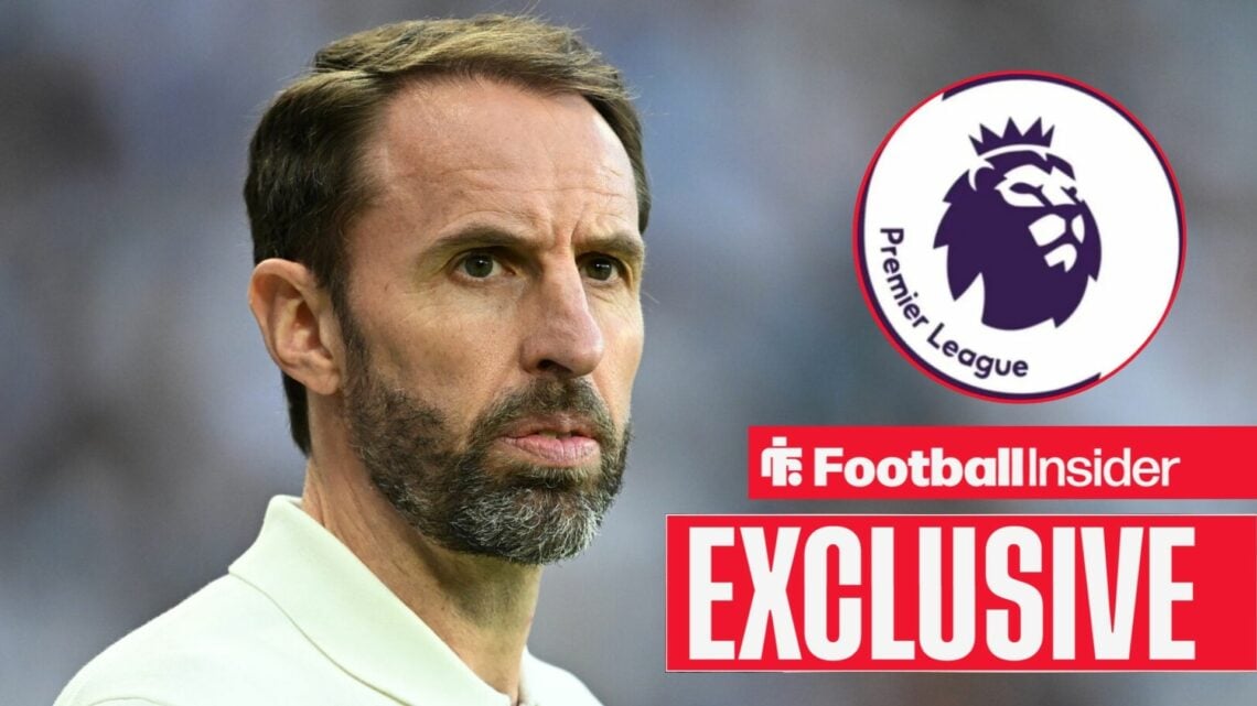 Football Insider exclusive as Gareth Southgate looks towards the Premier League logo, which features in a circular inset.