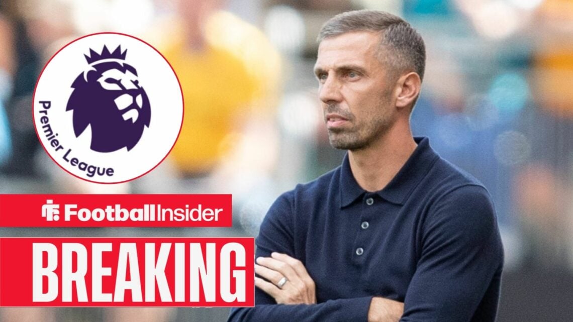 Gary O'Neil stands with his arms folded as the Premier League logo features in a circular inset.