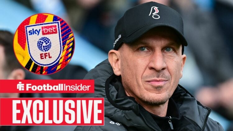 Football Insider exclusive as Bristol City manager Gerhard Struber glances towards the EFL badge.