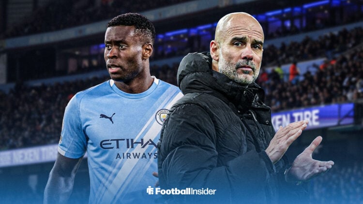 Marc Guehi in a Man City shirt, side-by-side with Pep Guardiola at the Etihad Stadium