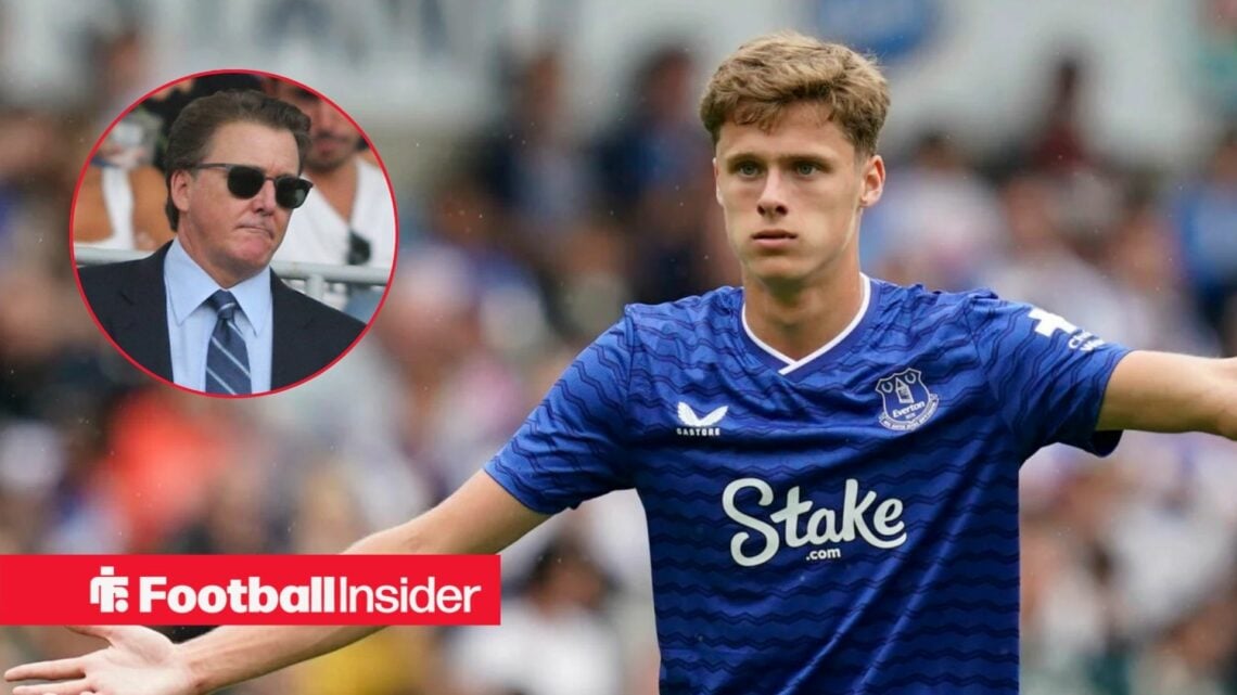 Harrison Armstrong spreads his arms during a game for Everton, as owner Dan Friedkin watches from a circular inset.