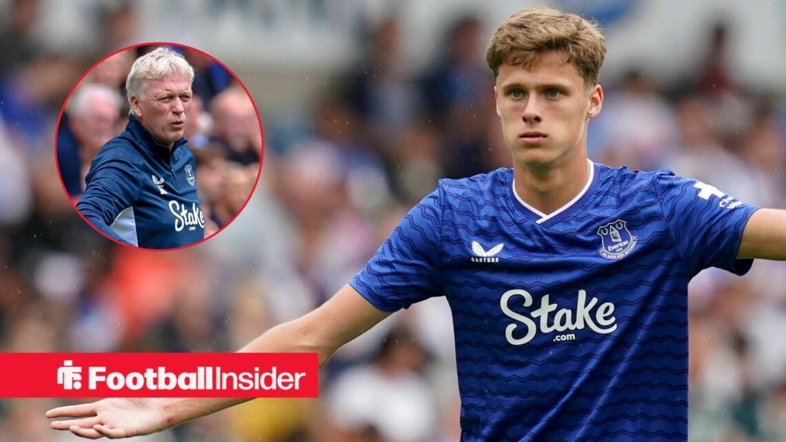 Harrison Armstrong playing for Everton, David Moyes in a circular inset