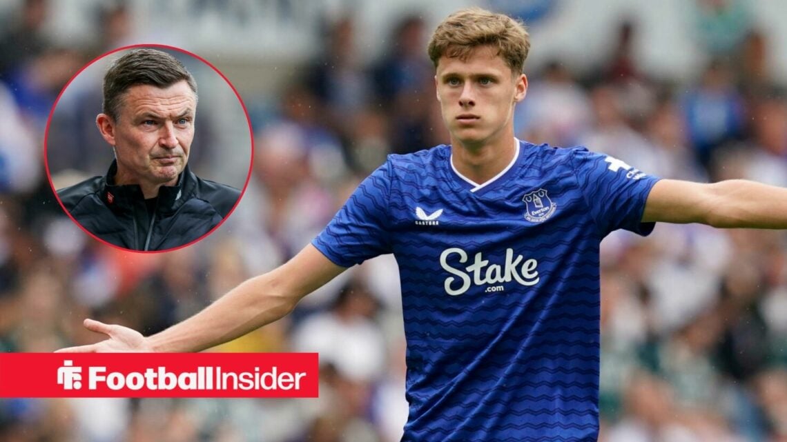 Harrison Armstrong in action during a game for Everton, as Preston manager Paul Heckingbottom watches from a circular inset.