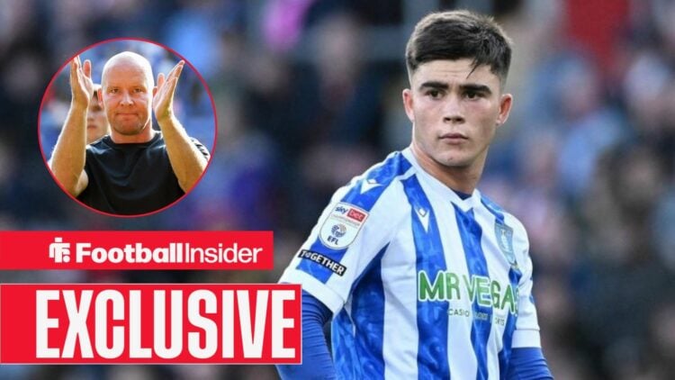 Football Insider exclusive as Harry Amass is in action during a game for Sheffield Wednesday, as manager Henrik Pedersen applauds in a circular inset.