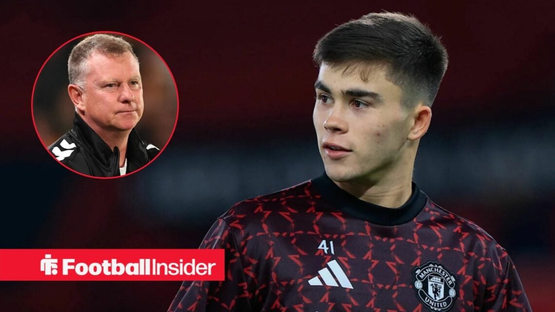 Harry Amass in a warm-up for Man United, with Mark Robins in a circular inset