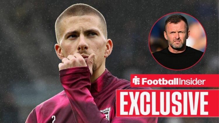 Football Insider exclusive as Harry Clarke warms up for Ipswich as Charlton manager Nathan Jones watches from a circular inset.