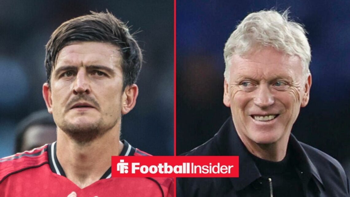 Harry Maguire in action for Man United, with David Moyes on the sidelines