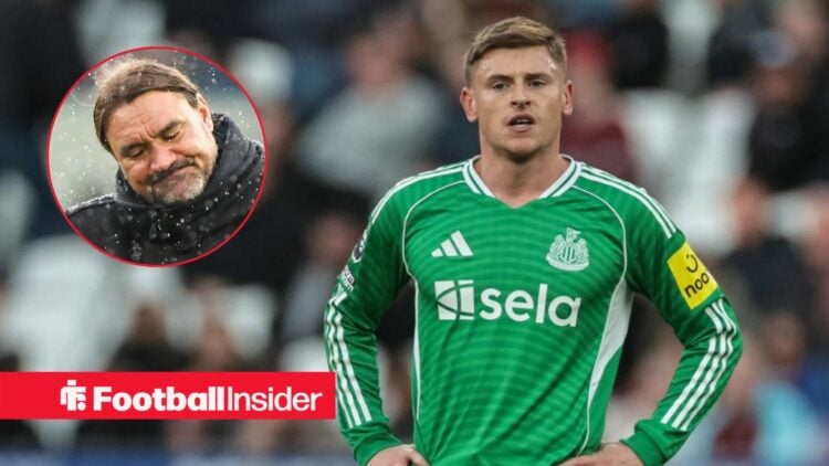 Newcastle United star Harvey Barnes stands with his hands on his hips, as Leeds United manager Daniel Farke is in the rain in a circular inset.