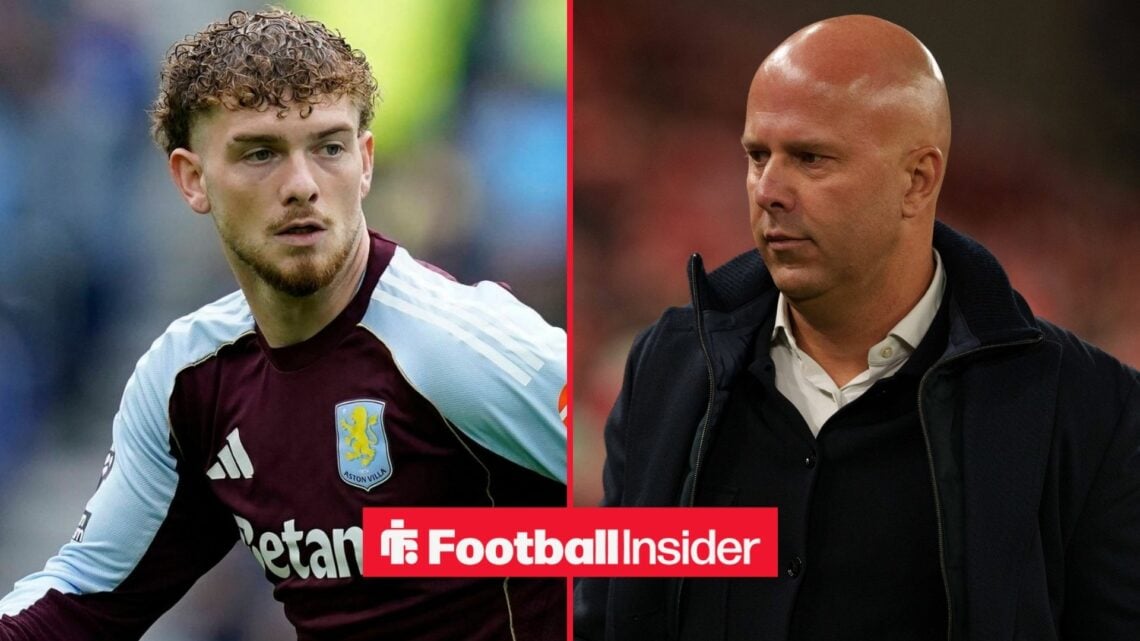 Harvey Elliott in an Aston Villa shirt alongside Arne Slot in a black jacket