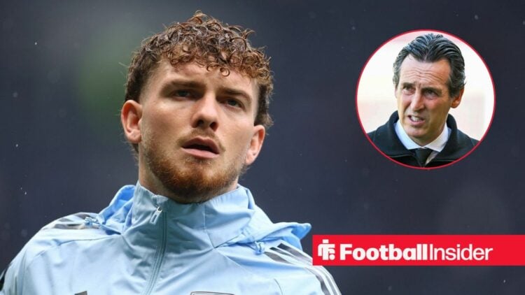 Harvey Elliott in a warm-up for Aston Villa, with Unai Emery in a circular inset