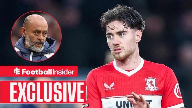 Hayden Hackney in action for Middlesbrough, with Nuno Espirito Santo in a circular inset