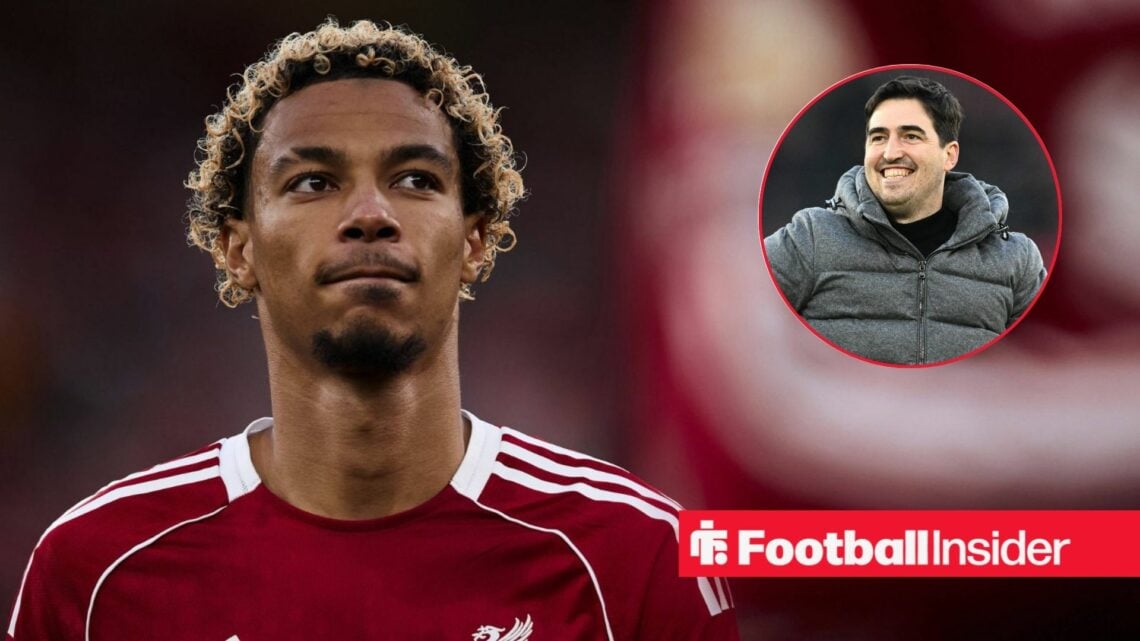 Hugo Ekitike playing for Liverpool, Andoni Iraola in a circular inset