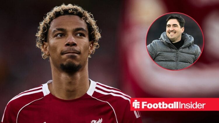 Hugo Ekitike playing for Liverpool, Andoni Iraola in a circular inset