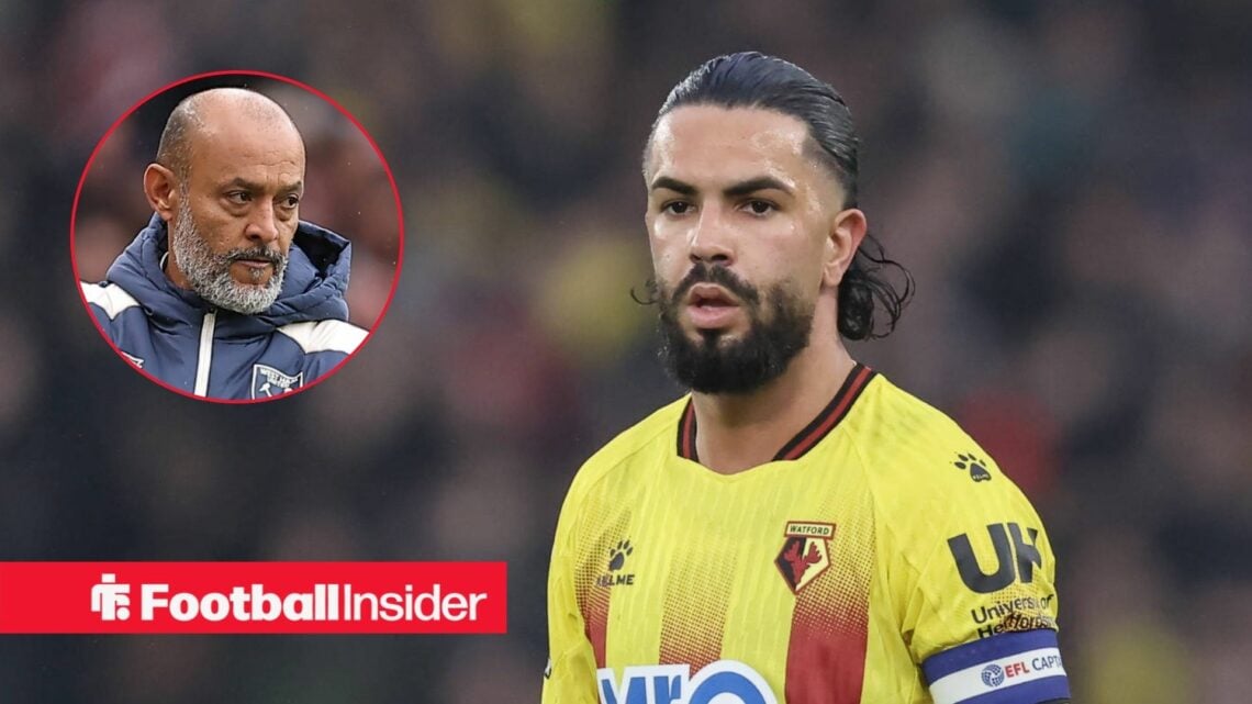 Imran Louza in action for Watford, with Nuno Espirito Santo in a circular inset