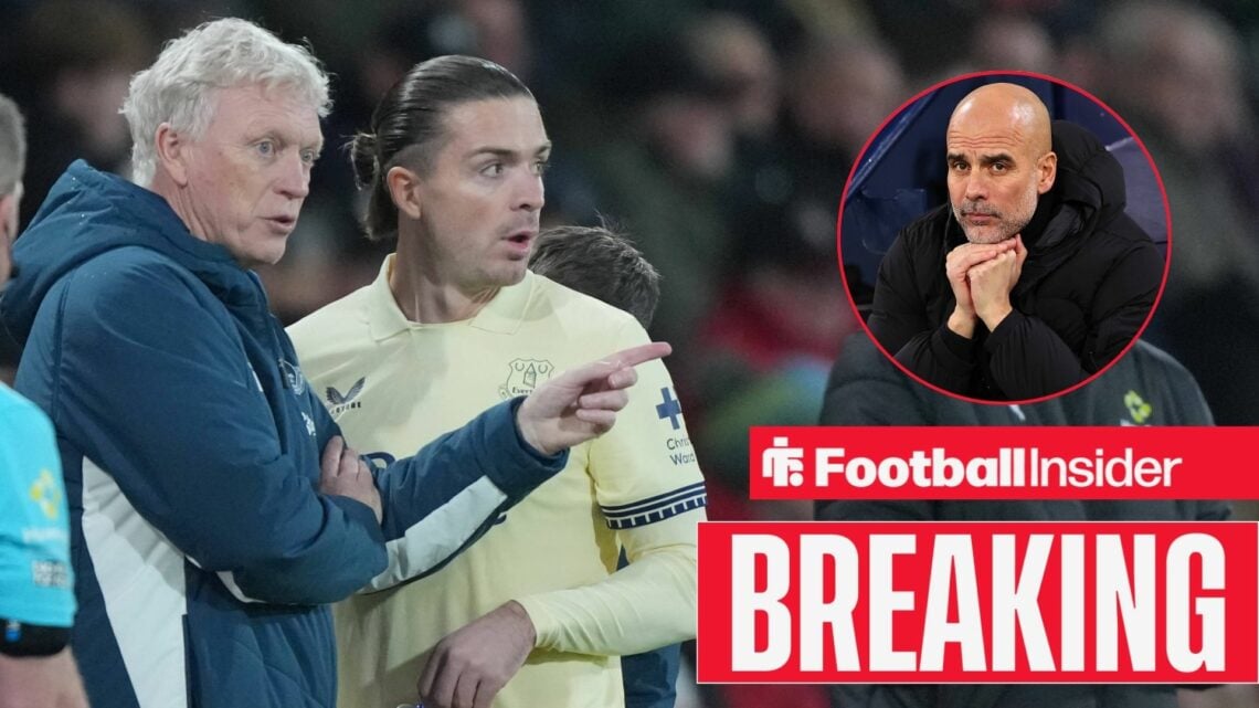 David Moyes and Jack Grealish on the sidelines, Pep Guardiola in a circular inset