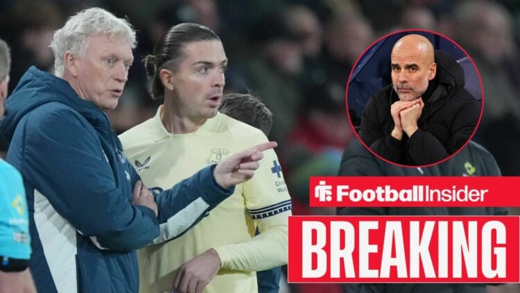 David Moyes and Jack Grealish on the sidelines, Pep Guardiola in a circular inset