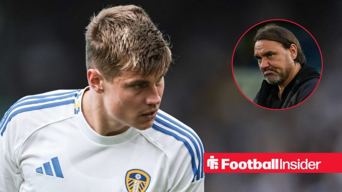 Jaka Bijol in action during a game for Leeds United, as manager Daniel Farke looks concerned in a circular inset.