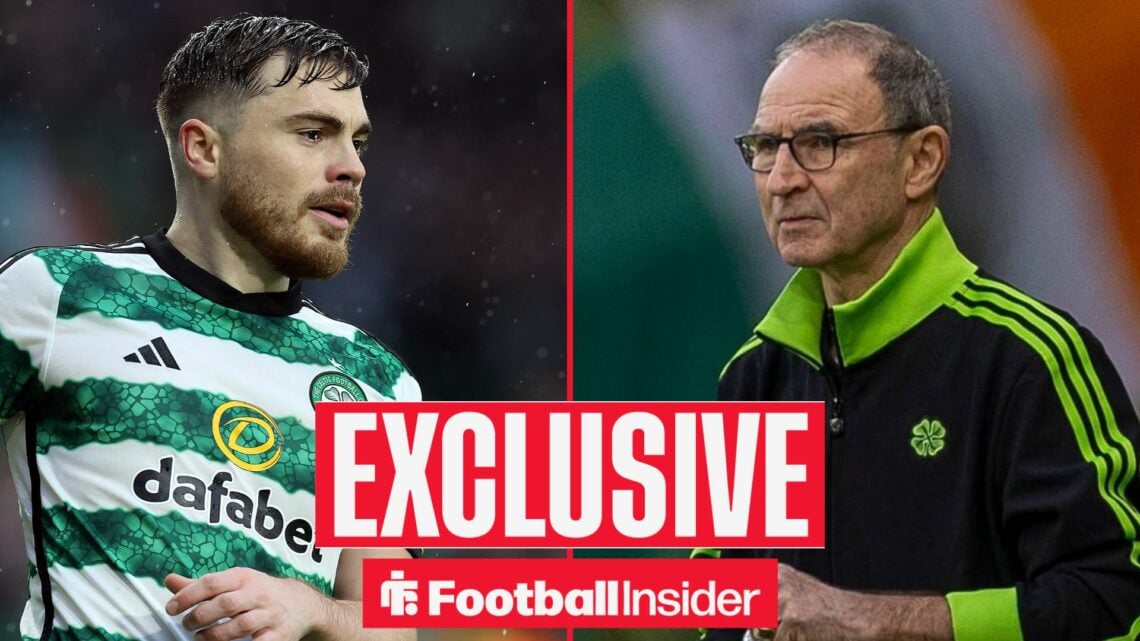 Football Insider exclusive as James Forrest is in action for Celtic, while manager Martin O'Neill watches on.