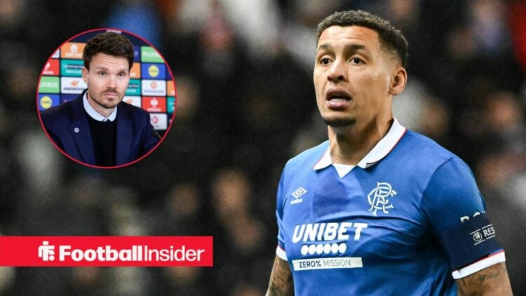 James Tavernier playing for Rangers, Danny Rohl in a circular inset