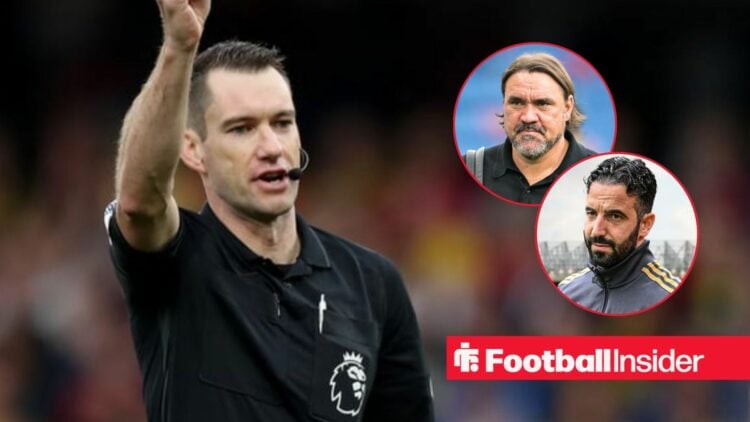 Referee Jarred Gillett brandishes a card as Leeds United manager Daniel Farke and Manchester United boss Ruben Amorim feature in circular insets.