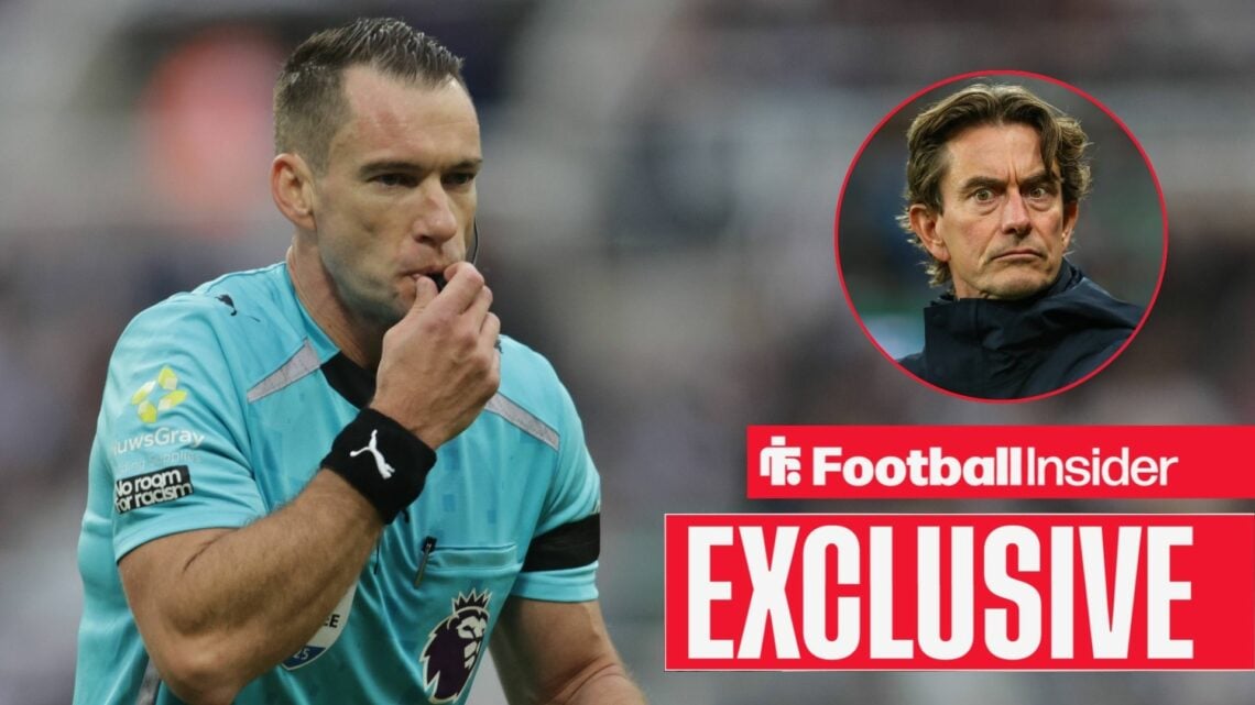 Jarred Gillett as referee, Thomas Frank in a circular inset