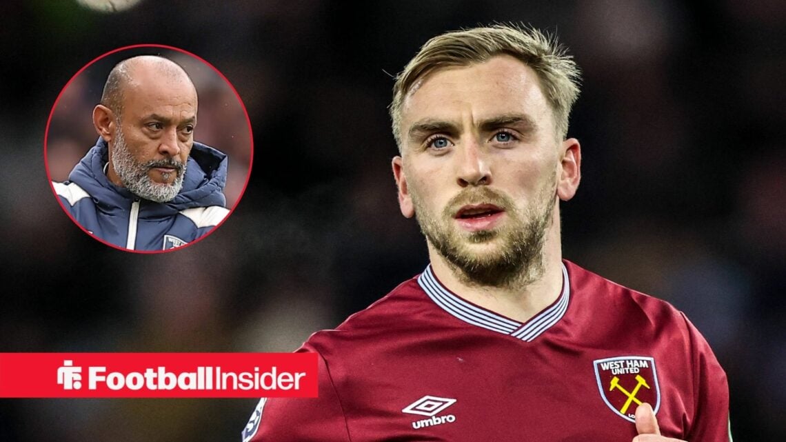 Jarrod Bowen in action for West Ham, with Nuno Espirito Santo in a circular inset