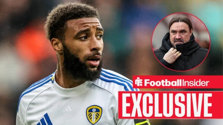 Football Insider exclusive as Leeds United star Jayden Bogle looks towards a circular inset which features manager Daniel Farke.