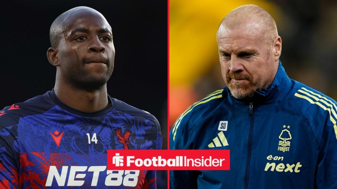 Jean-Philippe Mateta in a Crystal Palace training top alongside Sean Dyche in a Nottingham Forest training jacket