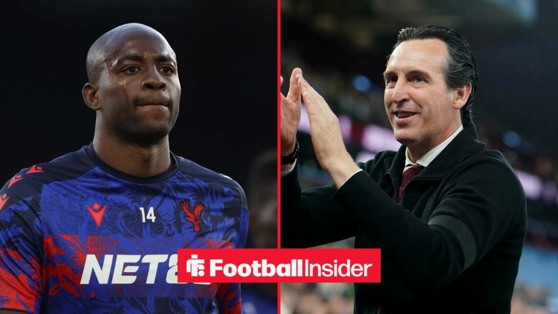 Crystal Palace striker Jean-Philippe Mateta warms up for a game, as Aston Villa manager Unai Emery applauds.