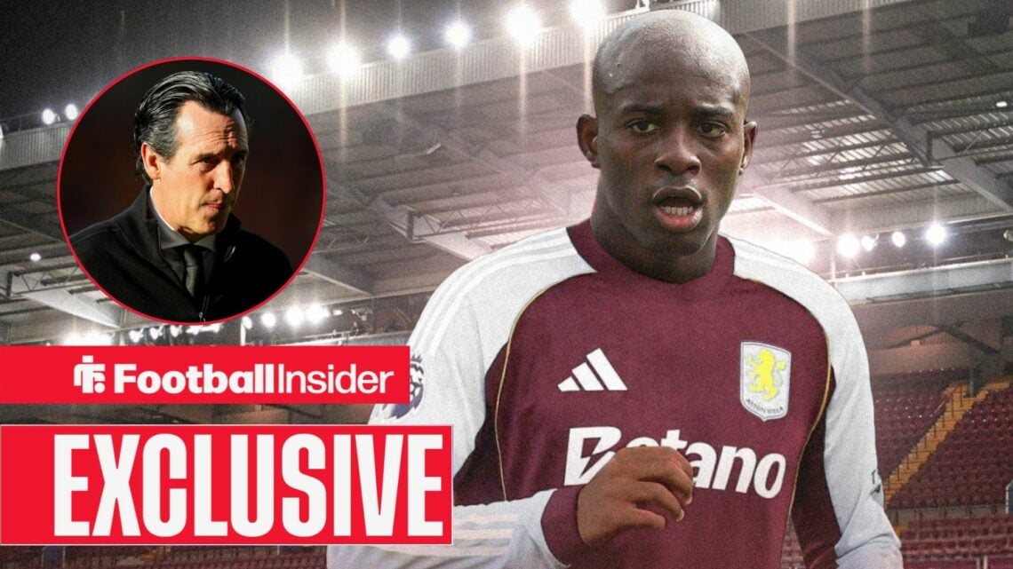 Football Insider exclusive as Jean-Philippe Mateta is in action in an Aston Villa shirt, while Unai Emery watches from a circular inset.