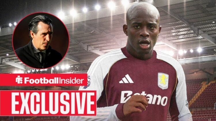 Football Insider exclusive as Jean-Philippe Mateta is in action in an Aston Villa shirt, while Unai Emery watches from a circular inset.