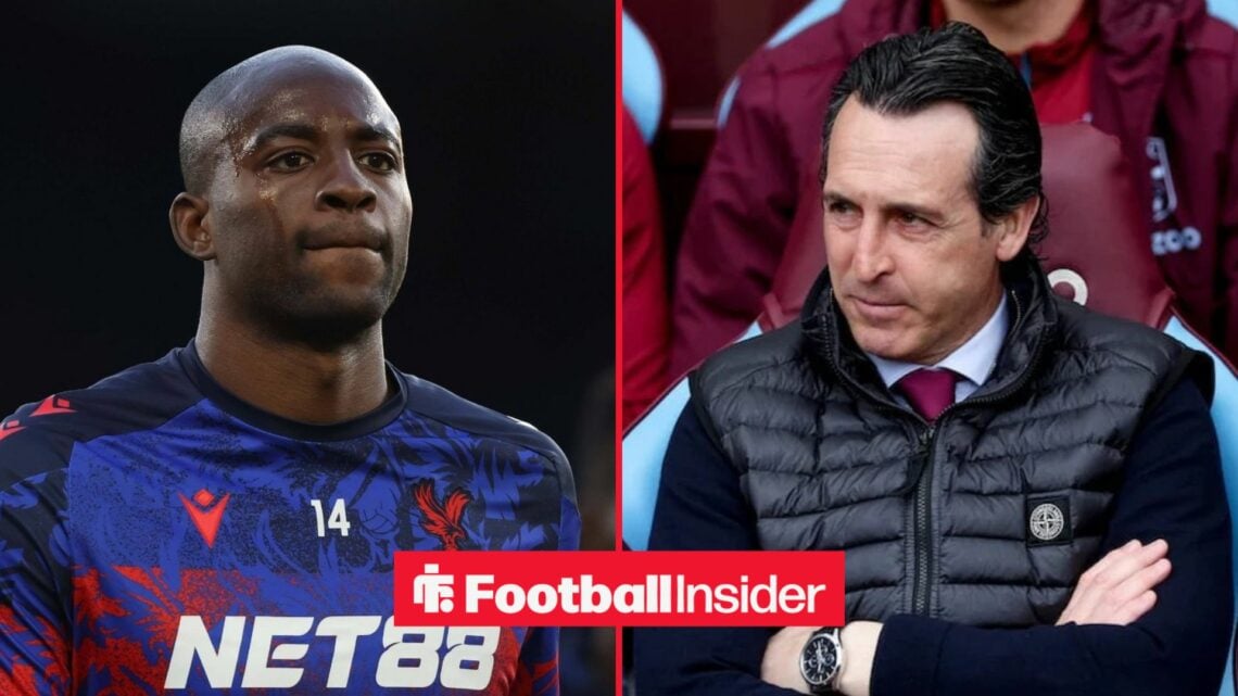 Jean-Philippe Mateta in action for Crystal Palace, with Unai Emery in the Aston Villa dugout