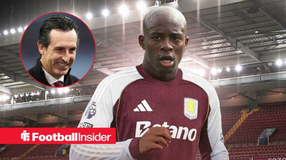 Jean-Philippe Mateta in an Aston Villa shirt with Unai Emery included in a circular inset
