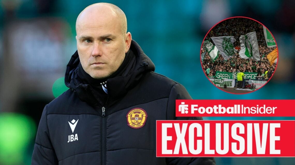 Football Insider exclusive as Motherwell manager Jens Berthel Askou glances towards Celtic fans, who wave flags in a circular inset.