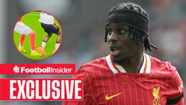 Jeremie Frimpong playing for Liverpool, penalty call in a circular inset