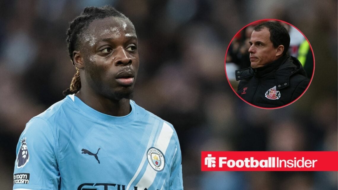 Jeremy Doku playing for Man City, Regis Le Bris in a circular inset